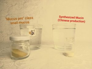 Synthesized snail mucus (artificial mucin) and natural lyophilized snail mucus of the Mucus pro class.