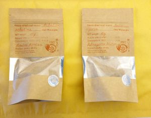 Samples of Mucus Pro natural freeze-dried snail slime soft packaging for Mucus Pro franchisees